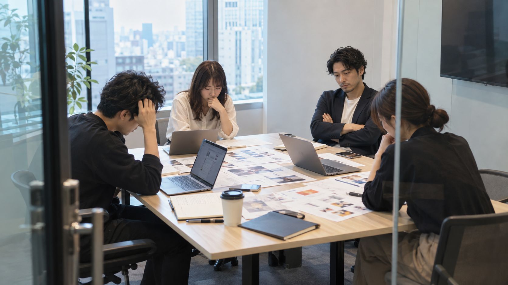 会議室で資料を前に悩むチーム